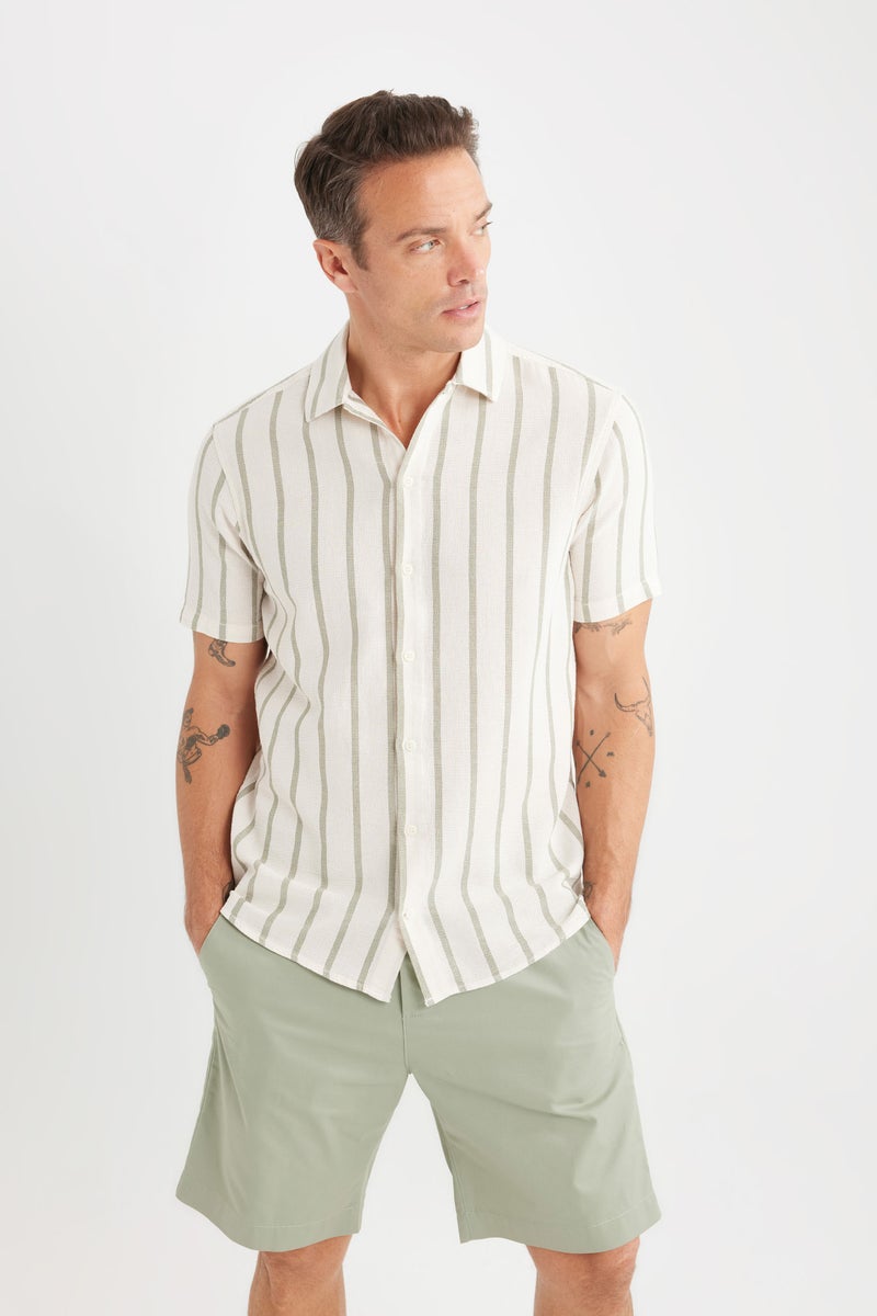DeFacto Beige Man Regular Fit Polo Neck Striped Summer Shirt Casual - Image 4